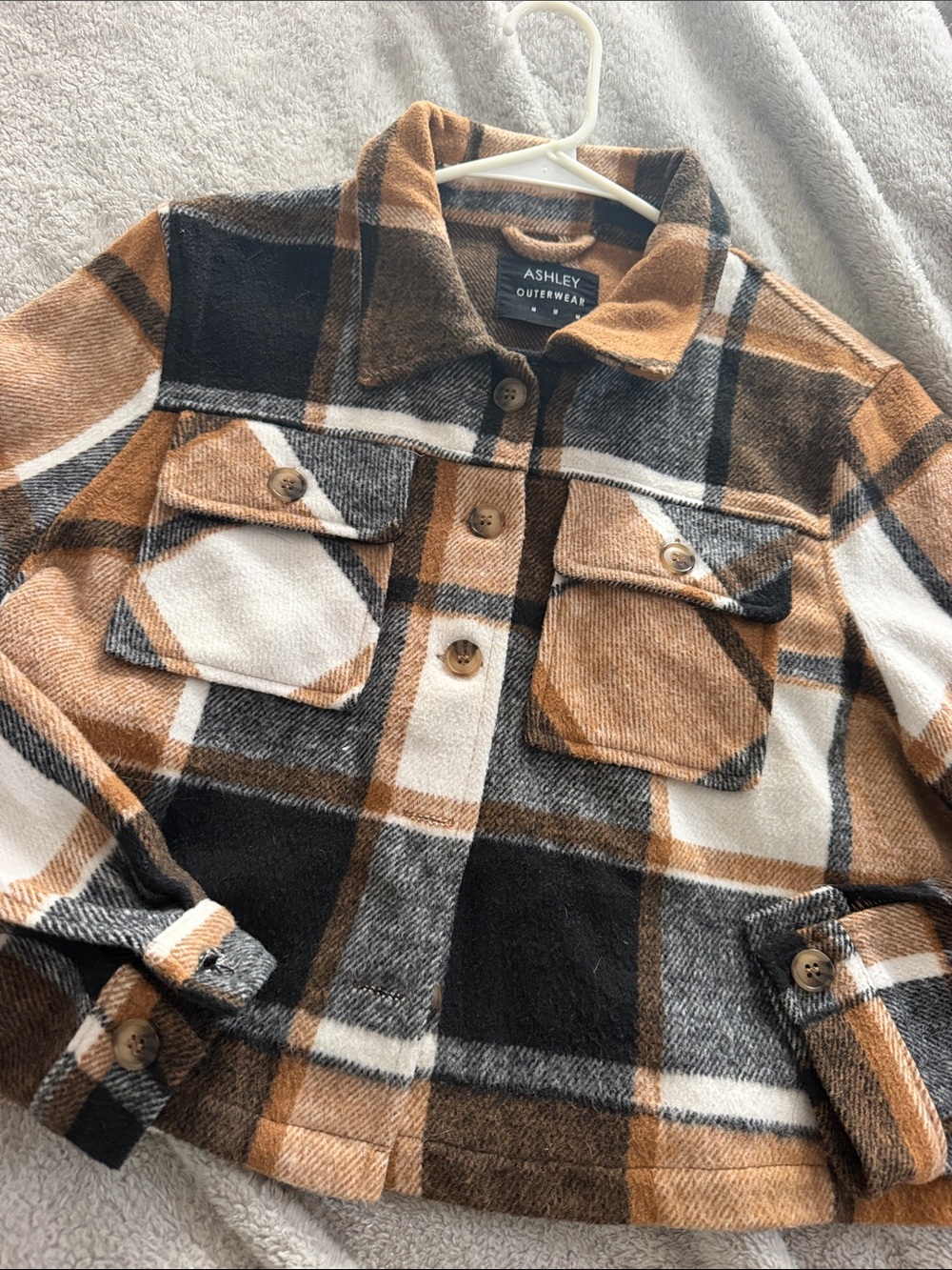 Women's Cropped Plaid Shacket Jacket - Camel, Black & White